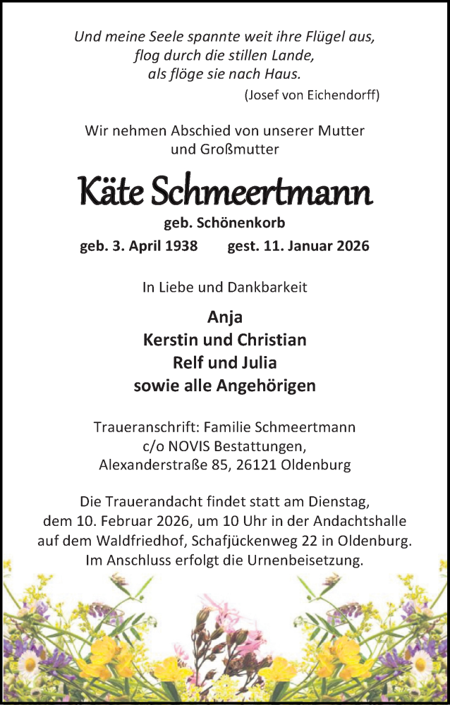 Traueranzeige für Käte Schmeertmann vom 03.02.2026 aus Nordwest-Zeitung