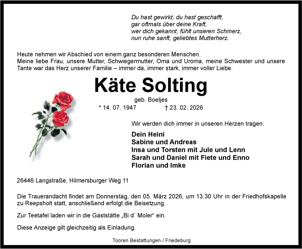  Traueranzeige für Käte Solting vom 27.02.2026 aus WZ/JW/AH