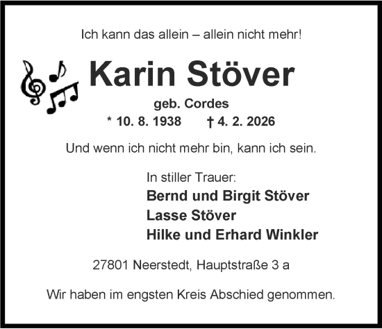 Traueranzeige von Karin Stöver von Nordwest-Zeitung