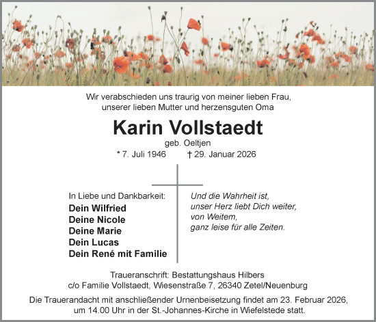 Traueranzeige von Karin Vollstaedt von Nordwest-Zeitung