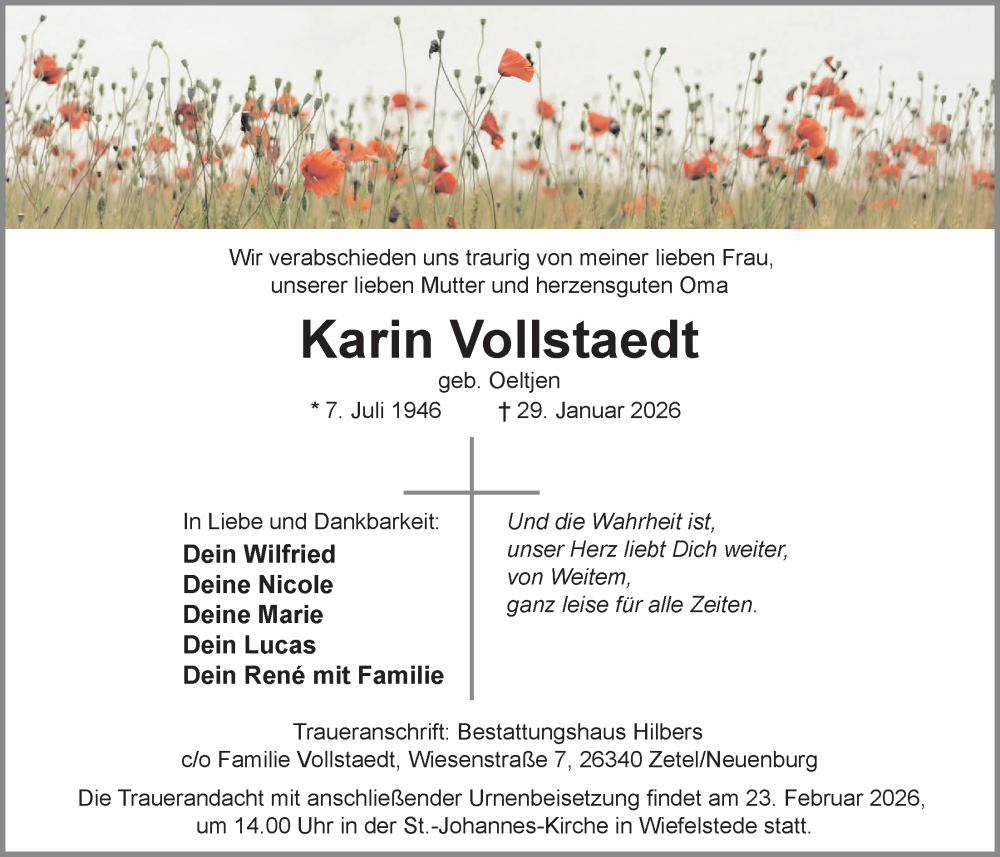  Traueranzeige für Karin Vollstaedt vom 07.02.2026 aus Nordwest-Zeitung