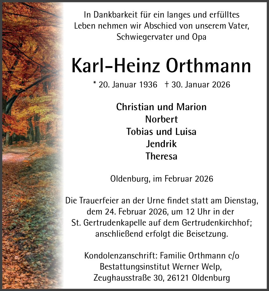  Traueranzeige für Karl-Heinz Orthmann vom 07.02.2026 aus Nordwest-Zeitung