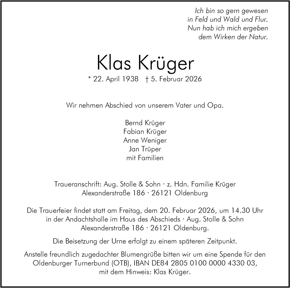  Traueranzeige für Klas Krüger vom 14.02.2026 aus Nordwest-Zeitung