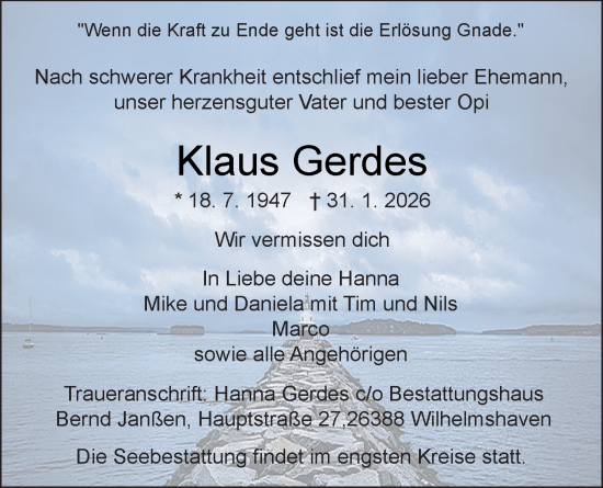 Traueranzeige von Klaus Gerdes von WZ/JW/AH