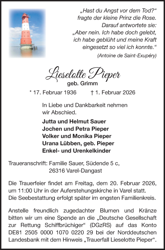Traueranzeige von Lieselotte Pieper von Nordwest-Zeitung