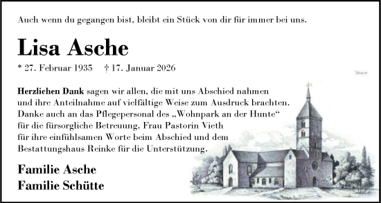 Traueranzeige von Lisa Asche von Nordwest-Zeitung