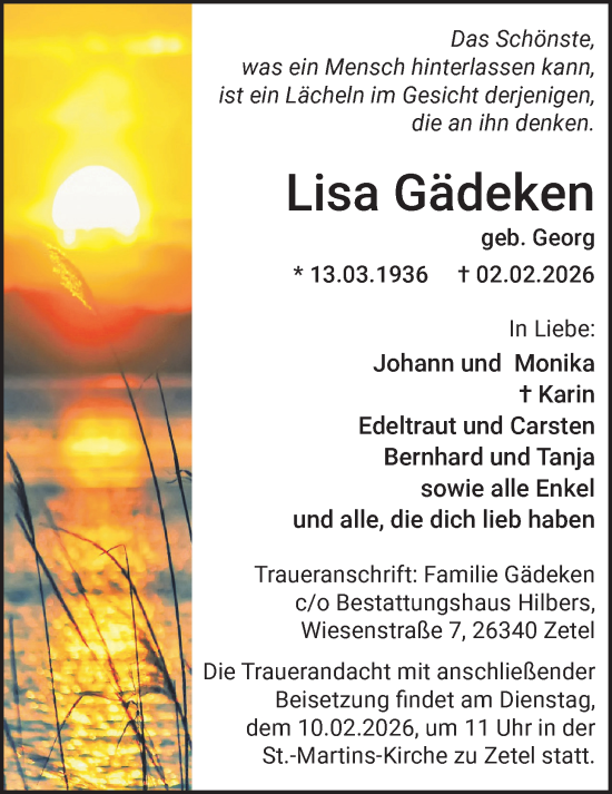 Traueranzeige von Lisa Gädeken von Nordwest-Zeitung