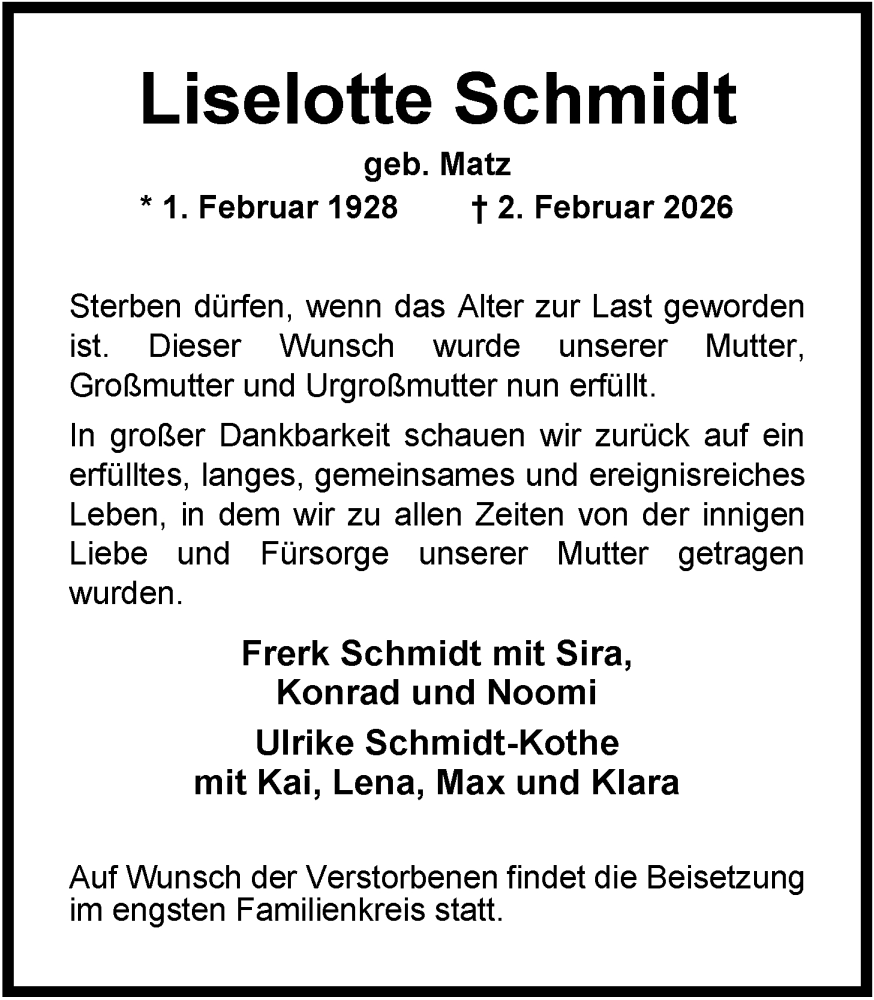  Traueranzeige für Liselotte Schmidt vom 07.02.2026 aus Nordwest-Zeitung
