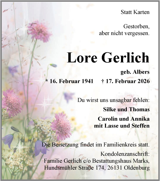 Traueranzeige von Lore Gerlich von Nordwest-Zeitung
