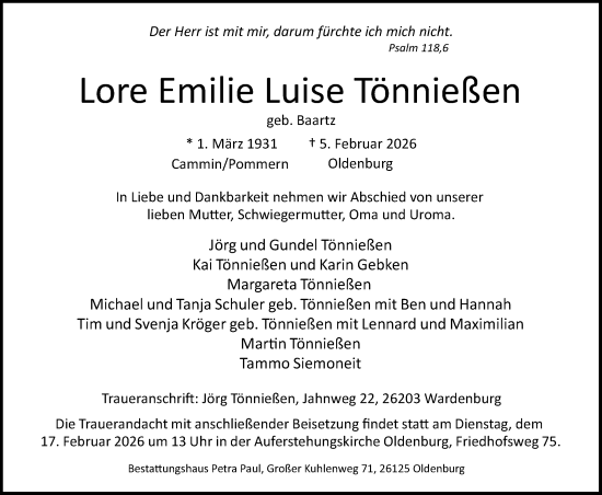 Traueranzeige von Lore Emilie Luise Tönnißen von Nordwest-Zeitung