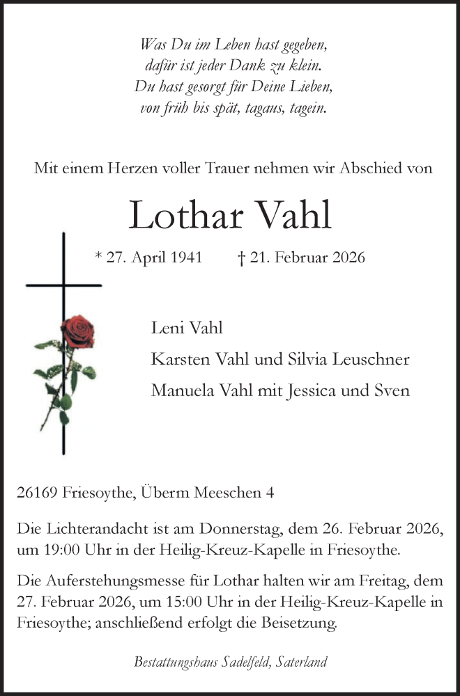  Traueranzeige für Lothar Vahl vom 24.02.2026 aus Nordwest-Zeitung