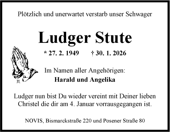 Traueranzeige von Ludger Stute von WZ/JW/AH