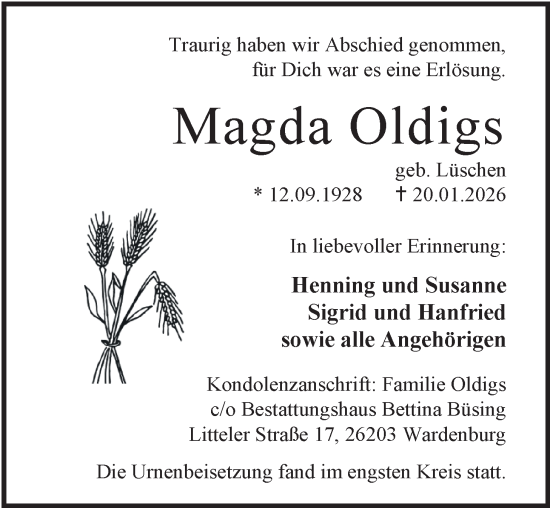 Traueranzeige von Magda Oldigs von Nordwest-Zeitung