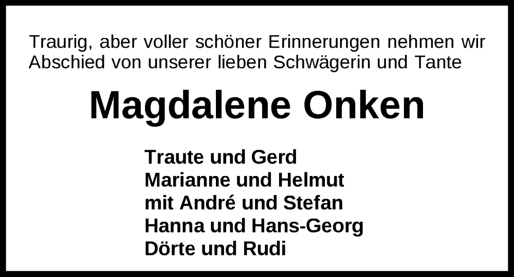  Traueranzeige für Magdalene Onken vom 07.02.2026 aus Nordwest-Zeitung