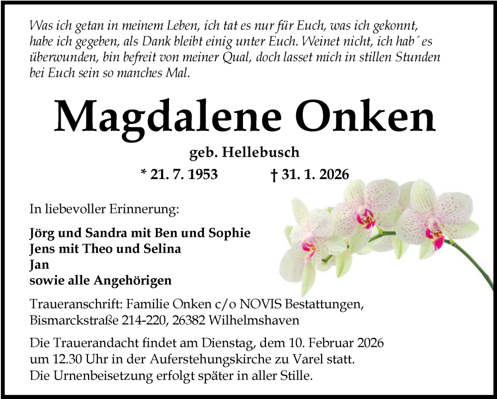  Traueranzeige für Magdalene Onken vom 07.02.2026 aus Nordwest-Zeitung