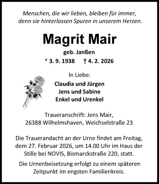 Traueranzeige von Magrit Mair von WZ/JW/AH