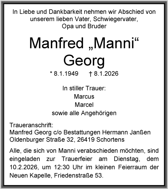 Traueranzeige von Manfred Georg von WZ/JW/AH
