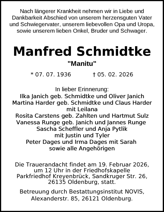Traueranzeige von Manfred Schmidtke von Nordwest-Zeitung