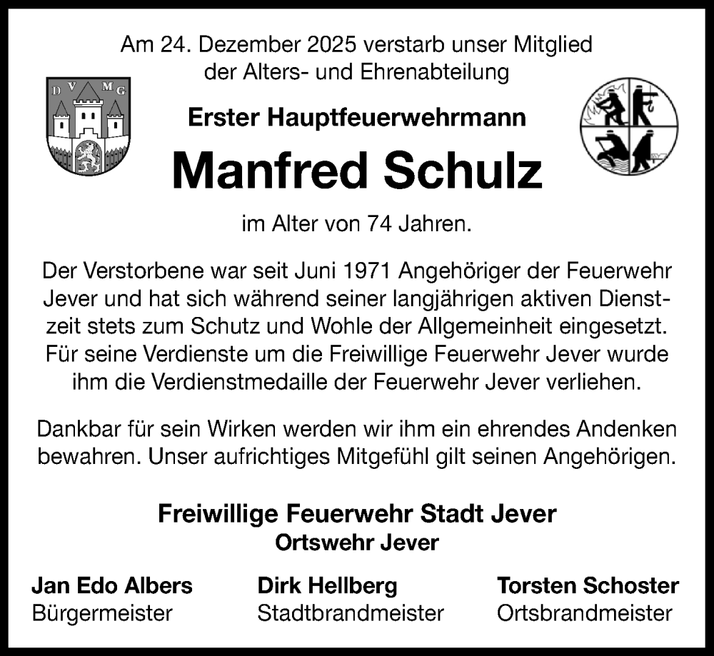  Traueranzeige für Manfred Schulz vom 07.02.2026 aus WZ/JW/AH