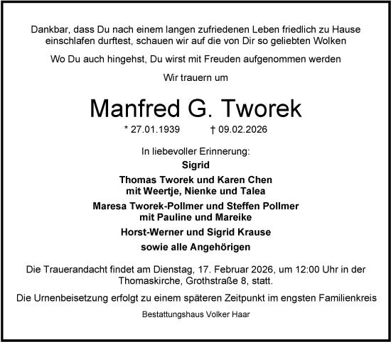 Traueranzeige von Manfred G. Tworek von WZ/JW/AH