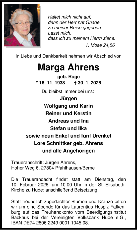Traueranzeige von Marga Ahrens von Nordwest-Zeitung