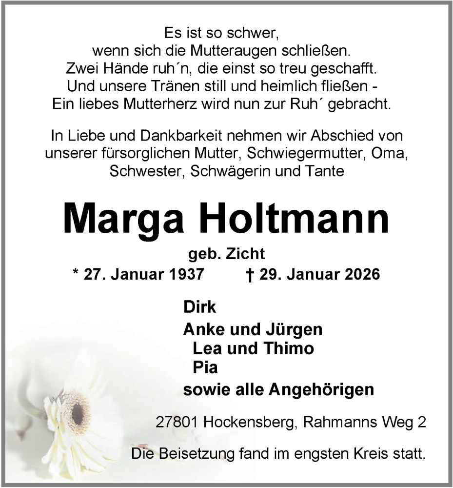  Traueranzeige für Marga Holtmann vom 06.02.2026 aus Nordwest-Zeitung