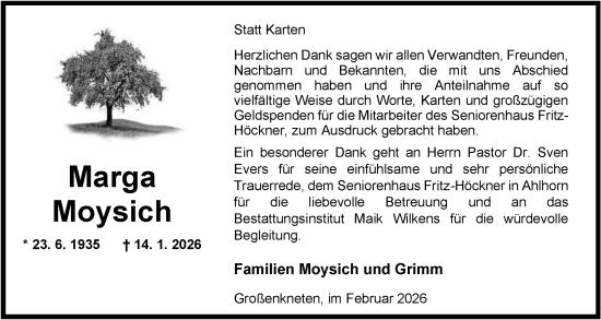 Traueranzeige von Marga Moysich von Nordwest-Zeitung
