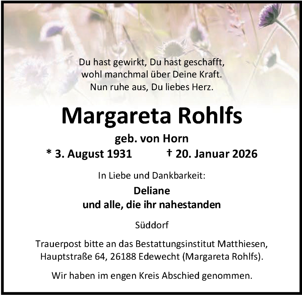  Traueranzeige für Margareta Rohlfs vom 14.02.2026 aus Nordwest-Zeitung