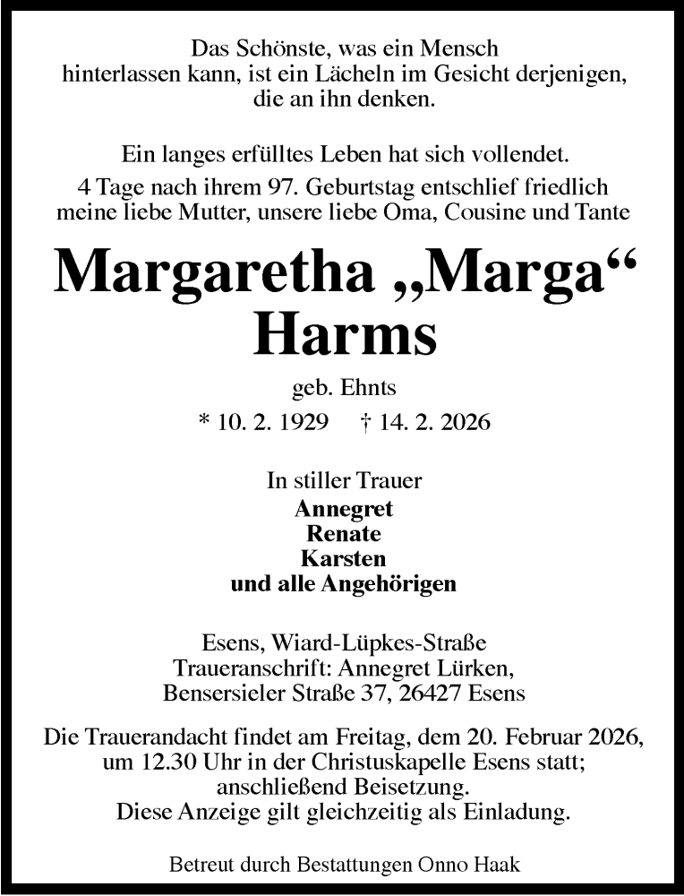  Traueranzeige für Margaretha Harms vom 17.02.2026 aus WZ/JW/AH