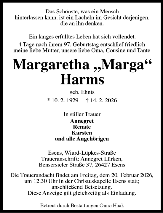 Traueranzeige von Margaretha Harms von WZ/JW/AH