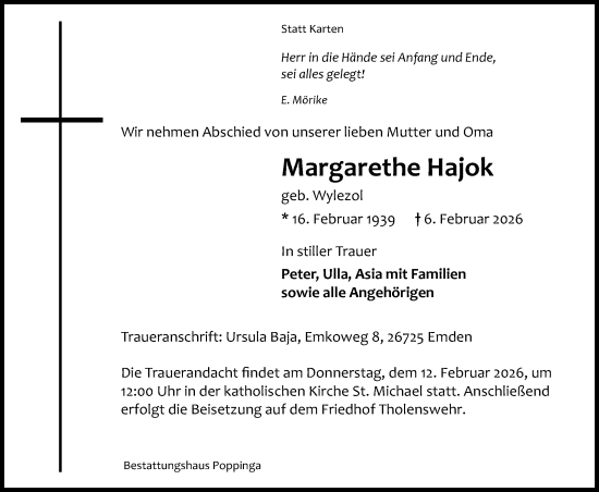 Traueranzeige von Margarethe Hajok von Emder Zeitung
