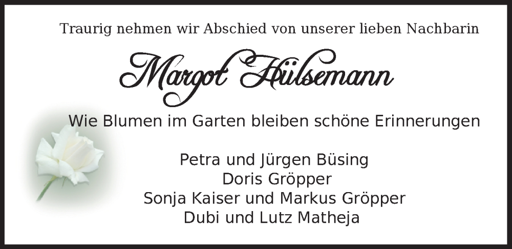  Traueranzeige für Margot Hülsemann vom 14.02.2026 aus WZ/JW/AH