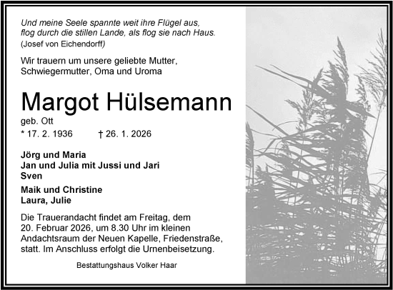 Traueranzeige von Margot Hülsemann von WZ/JW/AH