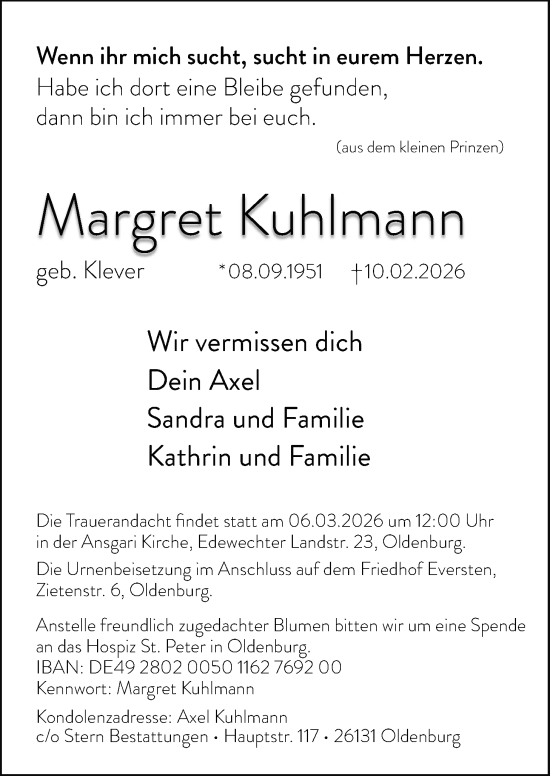 Traueranzeige von Margret Kuhlmann von Nordwest-Zeitung