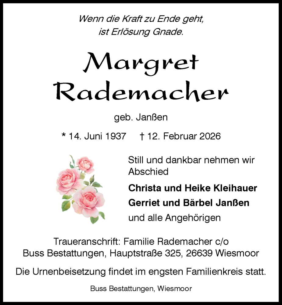 Traueranzeige für Margret Rademacher vom 17.02.2026 aus WZ/JW/AH