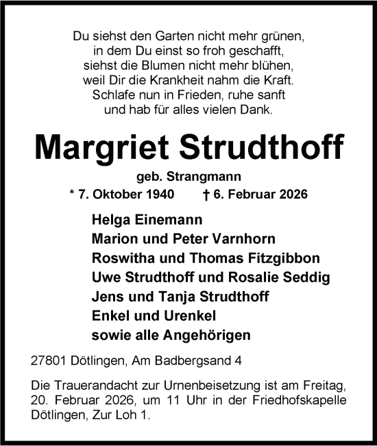 Traueranzeige von Margriet Strudthoff von Nordwest-Zeitung