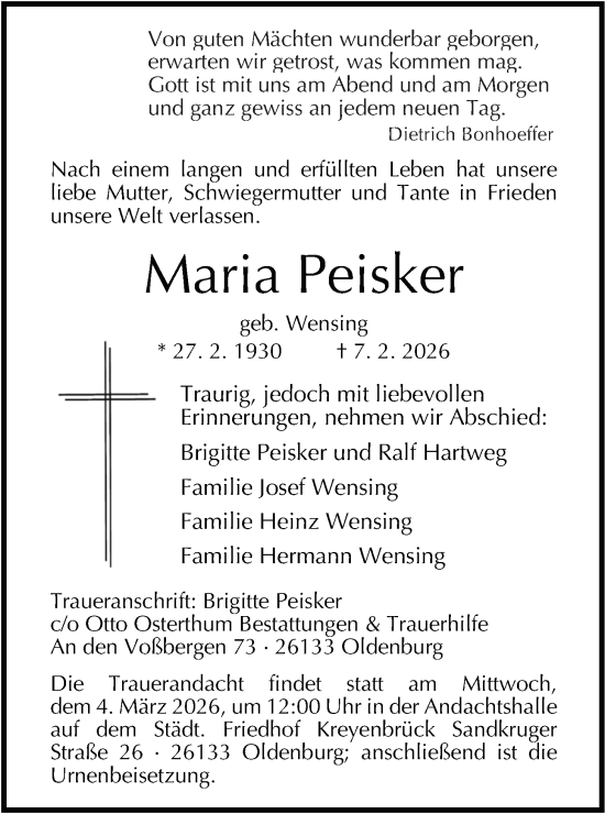 Traueranzeige von Maria Peisker von Nordwest-Zeitung