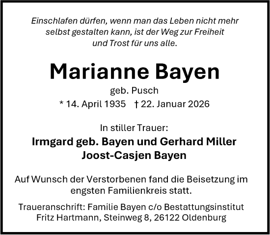 Traueranzeige von Marianne Bayen von Nordwest-Zeitung