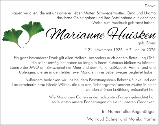 Traueranzeige von Marianne Huisken von Nordwest-Zeitung