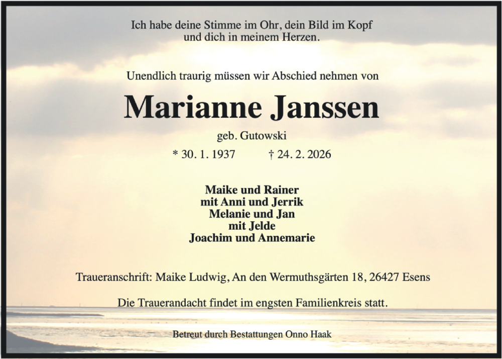  Traueranzeige für Marianne Janssen vom 27.02.2026 aus WZ/JW/AH