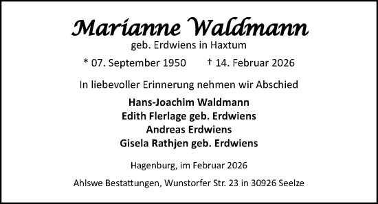 Traueranzeige von Marianne Waldmann von Emder Zeitung