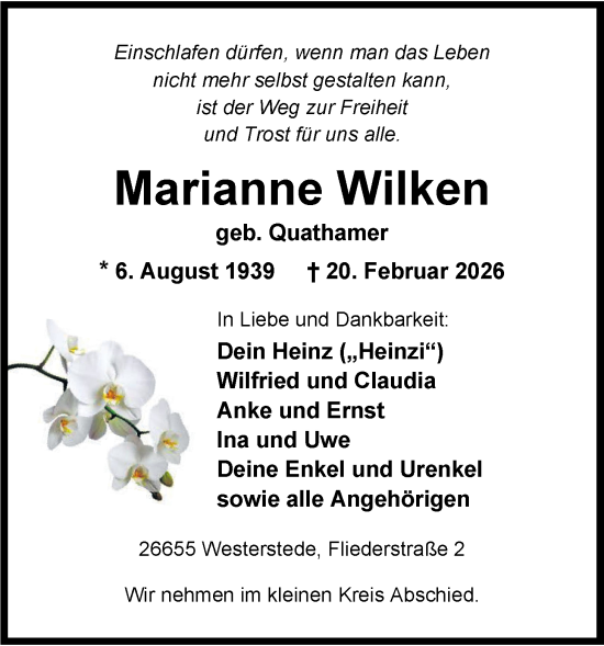 Traueranzeige von Marianne Wilken von Nordwest-Zeitung