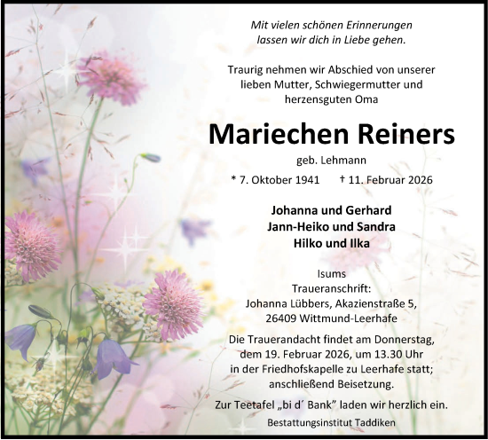 Traueranzeige von Mariechen Reiners von WZ/JW/AH