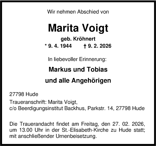Traueranzeige von Marita Voigt von Nordwest-Zeitung