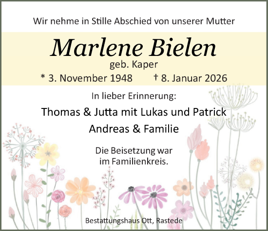 Traueranzeige von Marlene Bielen von Nordwest-Zeitung