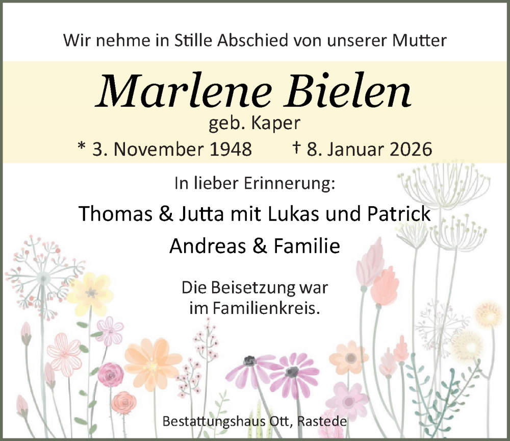  Traueranzeige für Marlene Bielen vom 07.02.2026 aus Nordwest-Zeitung