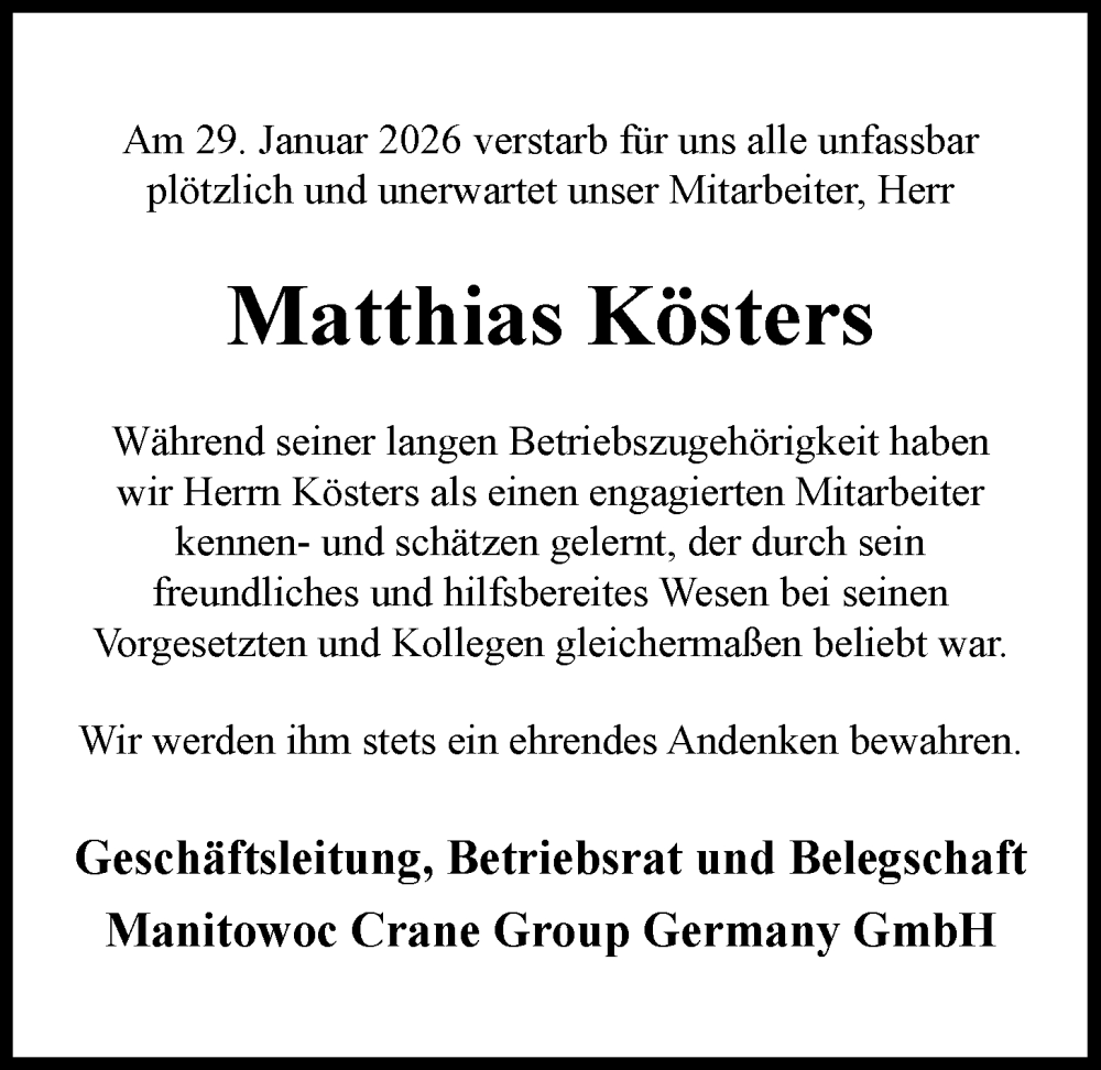  Traueranzeige für Matthias Kösters vom 14.02.2026 aus WZ/JW/AH