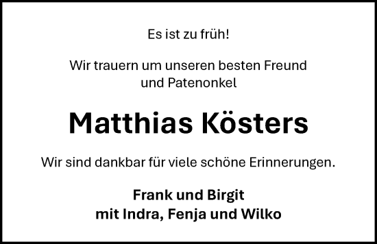 Traueranzeige von Matthias Kösters von WZ/JW/AH
