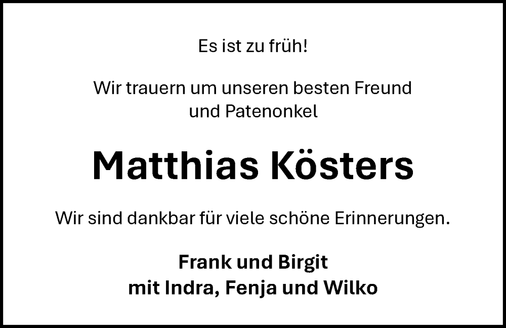  Traueranzeige für Matthias Kösters vom 14.02.2026 aus WZ/JW/AH