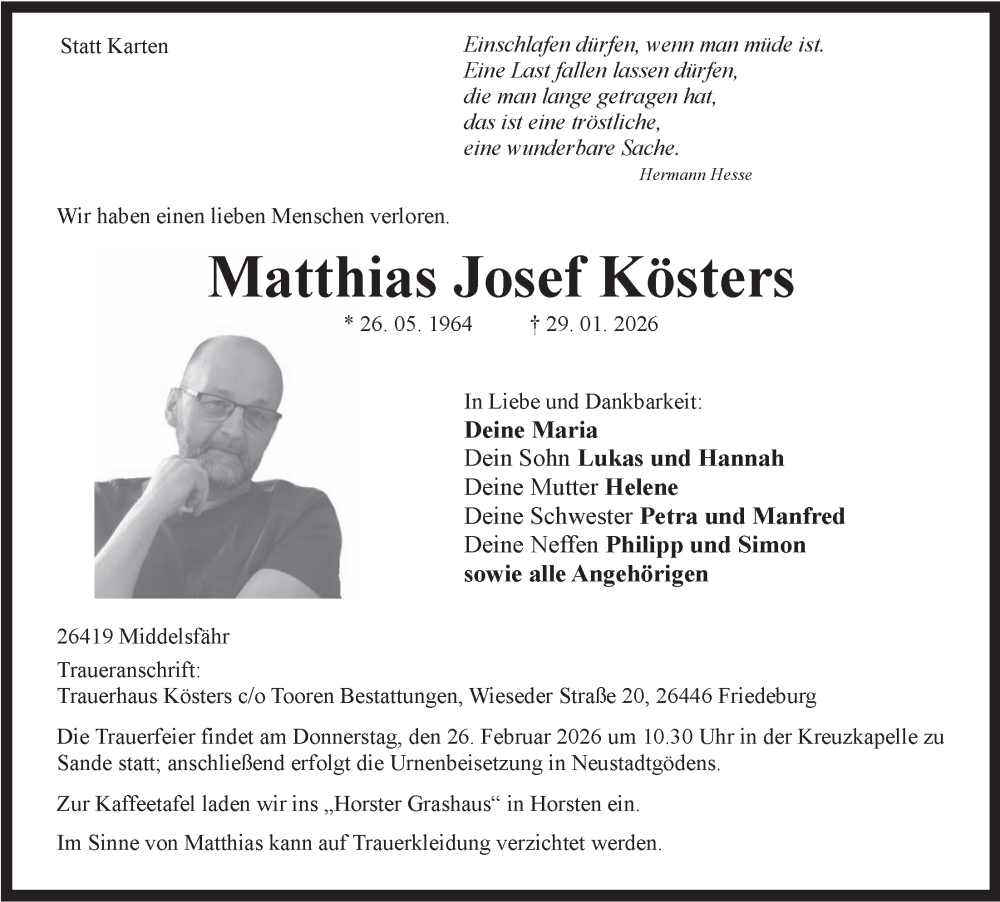  Traueranzeige für Matthias Josef Kösters vom 14.02.2026 aus WZ/JW/AH